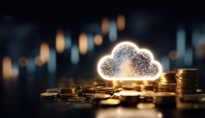 Conceptual image of financial cloud computing, coins with an illuminated cloud symbol