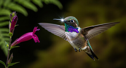 Hummingbird Hovering Near Pink Flower in Garden