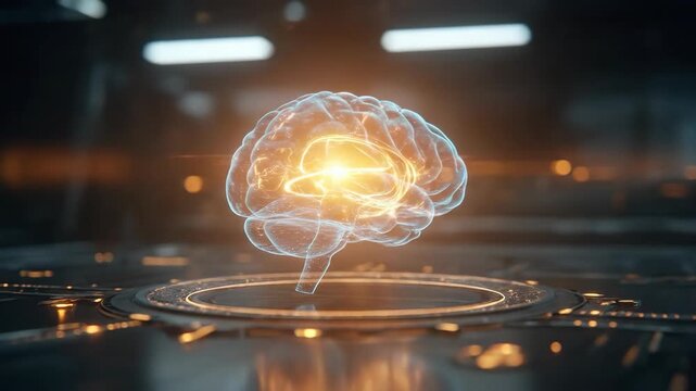 Futuristic holographic brain animation pulsing with digital neural connections in scifi environment