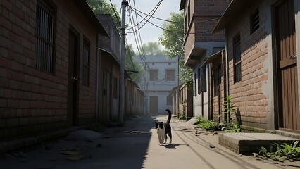 Black and white cat walking down a narrow alleyway in a residential area