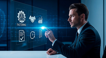 A businessman interacting with a digital interface for financial analysis and planning