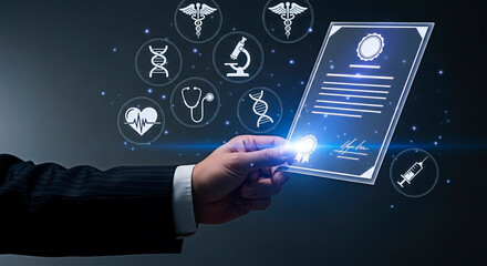 A businessman interacting with a futuristic medical interface for healthcare innovation