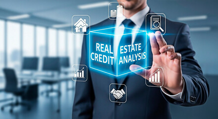 A businessman analyzing real estate credit in a modern office