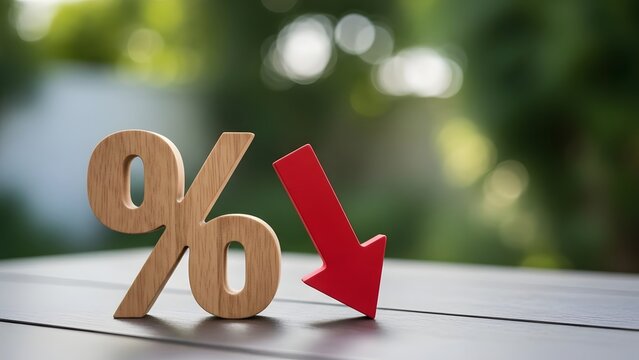 Wooden percentage symbol with red down arrow. Interest rate decrease and financial deflation. Economic indicator sitting on table with blurred garden background