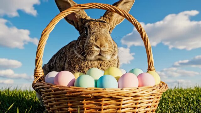 Giant bunny with colorful easter eggs in wicker basket under blue sky with clouds