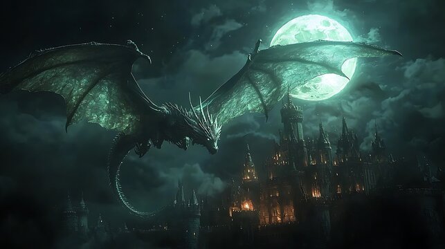 A fearsome dragon flies in front of a large full moon near a gothic castle at night