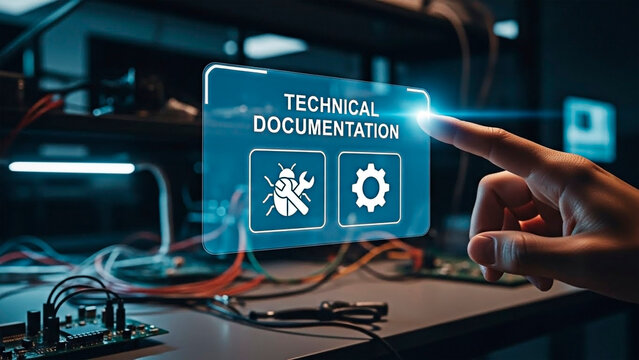 A hand interacting with technical documentation on a digital interface in an electronics lab - Powered by Adobe
