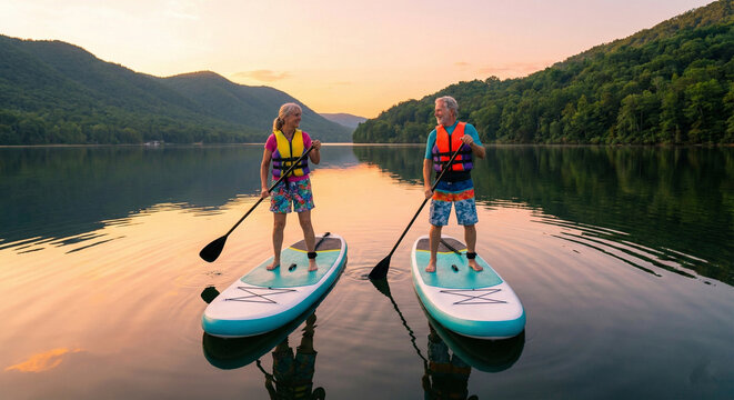 Active Older Couple Stand Up Paddleboarding on Calm Lake