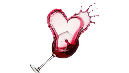 Romantic red wine heart splash emerging from an elegant glass on a dark background isolated on transparent background