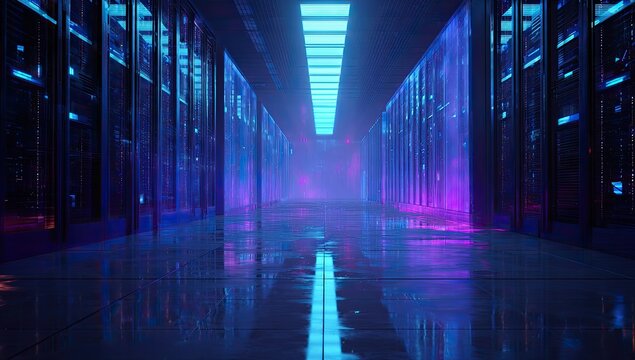 Futuristic computer server room with a long corridor and vibrant blue and purple lighting - Powered by Adobe