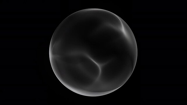Monochrome glowing abstract energy sphere smooth silver gradients, soft luminous contours and fine dotted texture deep black background, futuristic luminous light orb with subtle fluid motion loop