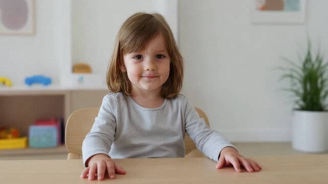 Young child seated at table in minimalist learning space with neutral expression