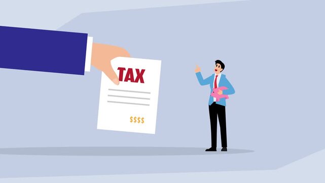 Taxation and Financial Planning: Businessman with Tax Document and Savings Piggy Bank cartoon animation