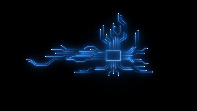 Glowing neon AI circuit board background. Computer motherboard with a chip, Processor with artificial intelligence AI. Minimal chip icon with AI text and circuit lines icon animation. 4k video

