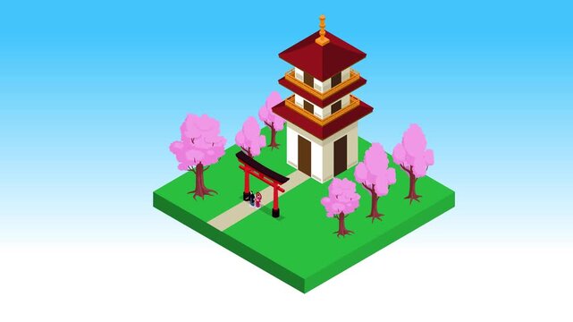 Isometric Japanese Pagoda Temple with Torii Gate and Sakura Trees 3d animation cartoon