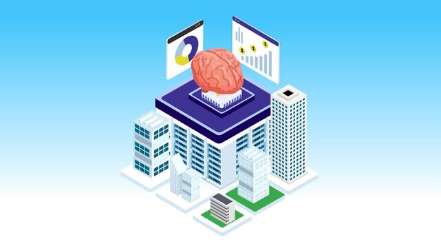 Isometric AI Neural Network and Smart City Data Center with Financial Analytics 3d animation cartoon