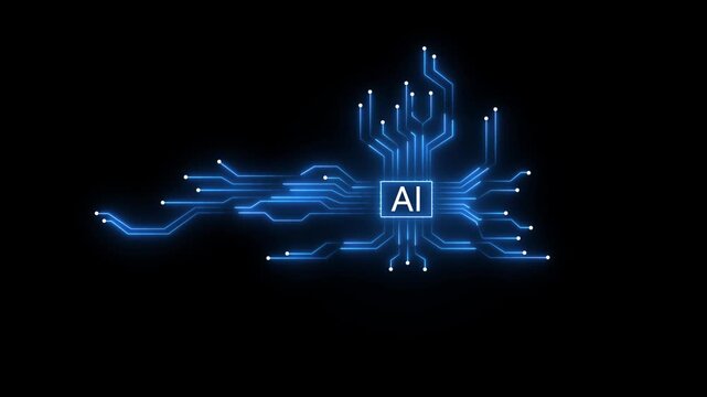 Glowing neon AI circuit board background. Computer motherboard with a chip, Processor with artificial intelligence AI. Minimal chip icon with AI text and circuit lines icon animation. 4k video
