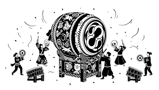 Traditional Japanese Taiko Drum performance illustration, black and white vector.
