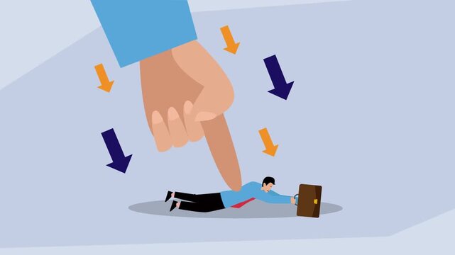 Business Pressure and Failure: Giant Hand Pushing Down Businessman cartoon animation