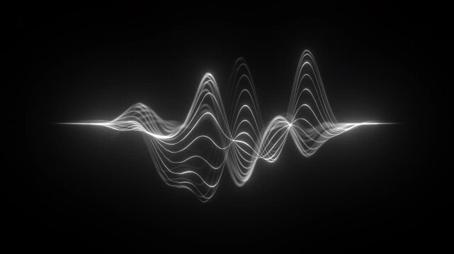White sound wave frequency. Monochrome neon futuristic audio waveform graph seamless loop. Audio visualizer sound analyzer screen. Music wave black space background. Equalizer HUD user interface
