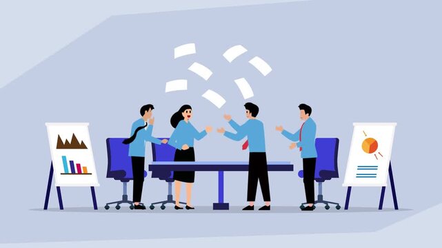 Business Team Arguing and Tossing Papers in a Frustrated Corporate Board Meeting cartoon animation