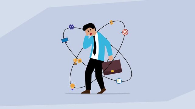 Stressed Businessman with Overwhelming Tasks Orbiting Concept - Multitasking and Burnout cartoon animation