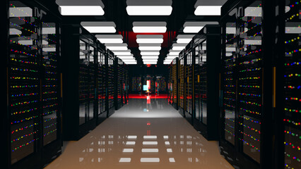 Servers. Servers room data center. Backup, mining, hosting, mainframe, farm and computer rack with storage information. 3d rendering