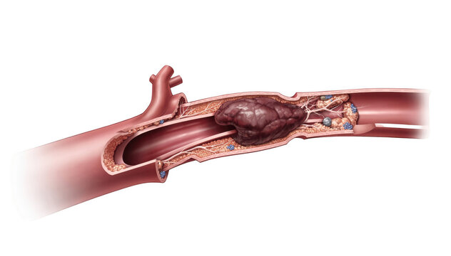 Detailed isolated illustration of splenic artery thrombosis showing clot formation inside the artery against a clean white background.