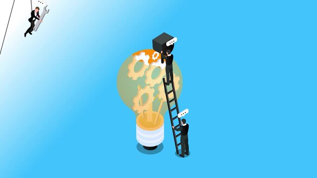 Business Team Building Idea with Tools and Light Bulb 3d animation cartoon