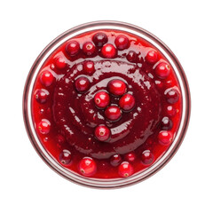 Cranberry sauce in glass jar isolated on transparent background