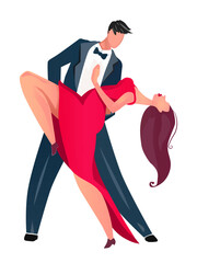Elegant Dancing Couple in Passionate Latin Pose With Red Dress and Black Suit