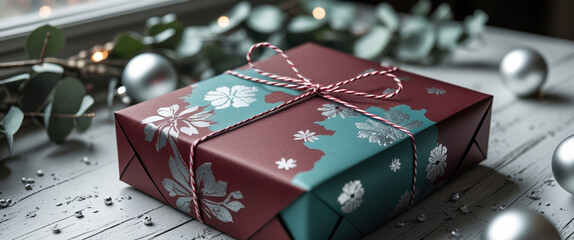 Elegant gift box with floral design and red ribbon on wooden table, surrounded by eucalyptus leaves and silver ornaments