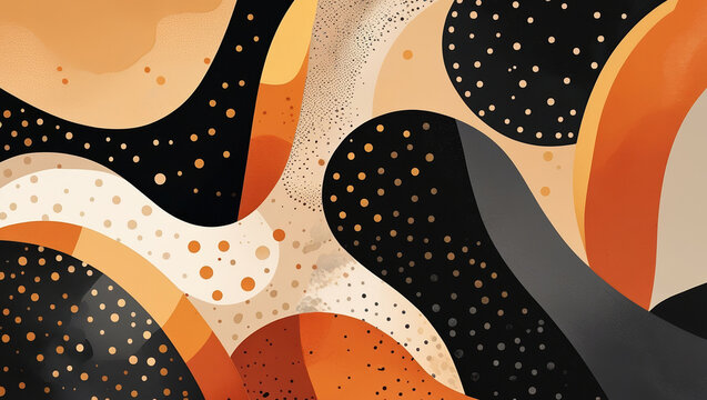 Abstract geometric background with wavy shapes and dotted patterns in orange, black, and beige tones