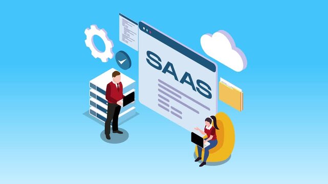 Software as a Service SaaS Platform Concept with Developers Managing Cloud Infrastructure and Data Servers 3d animation cartoon
