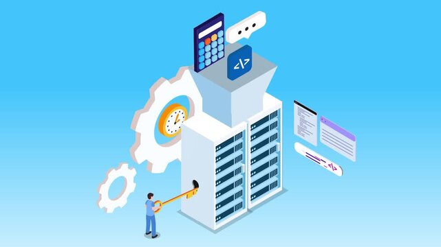 Software Developer Unlocking Data Server with Digital Workflow and Programming Automation Concept 3d animation cartoon