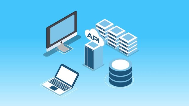 Isometric API Integration and Cloud Computing Infrastructure with Database and Servers 3d animation cartoon