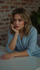 Thoughtful woman in a blue shirt sitting at a table with a brick wall background