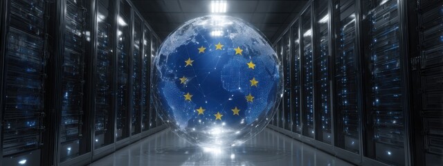 Globe with European Union flag in data center at night with server racks in background