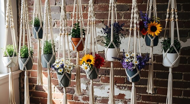 Hanging plants in macrame holders adorn a brick wall with sunlight.