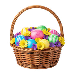 Colorful easter basket with eggs and flowers isolated on transparent background