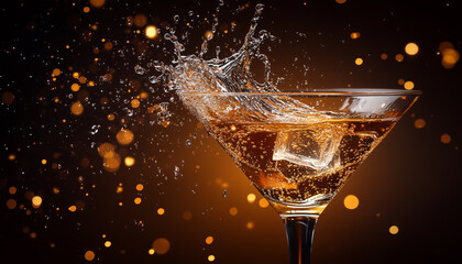 Golden liquid splashes dynamically from martini glass. Dark backdrop with warm bokeh lights creates luxurious, festive atmosphere for celebration