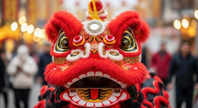 Vibrant red lion dance head with intricate designs in festival setting