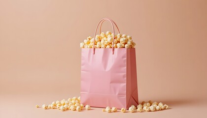 A pink shopping bag, overflowing with pop corn, on a plain beige background.
