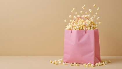 A pink shopping bag, overflowing with pop corn, on a plain beige background.