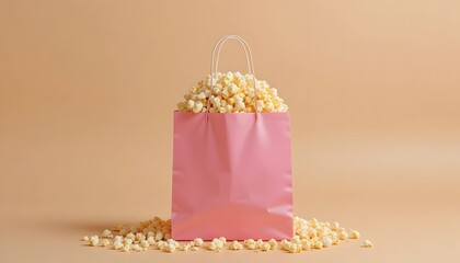 A pink shopping bag, overflowing with pop corn, on a plain beige background.