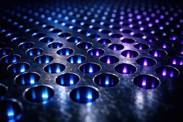 Obraz premium Metal surface with glowing purple and blue light holes, abstract industrial texture and futuristic technology pattern.