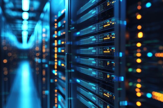 Blue illuminated IT data center server racks with high density cloud infrastructure and glowing indicators, perfect for enterprise computing, digital operations, and modern data security concepts