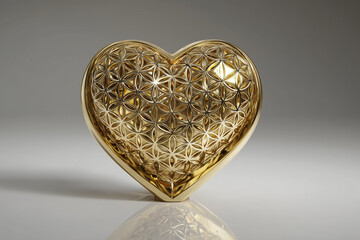 heart of harmony with flower of life pattern, light background, shiny metal with pattern, mindful love, esoteric passion, romance, romantic, luxury, photorealistic