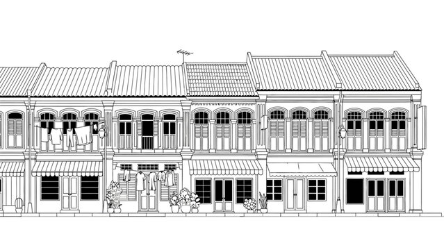 Row of traditional Asian shophouses with classic colonial architecture.