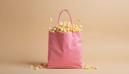 A pink shopping bag, overflowing with pop corn, on a plain beige background.
